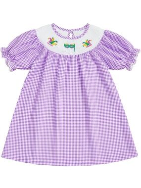 Lavender Gingham Smocked Dress with Mardi Gras Motif